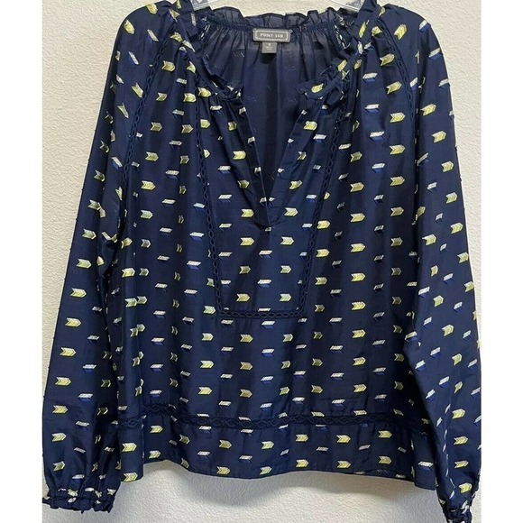 J. Crew Point Sur Poplin Blouse Arrow Gold metallic Print Navy Size M - Picture 5 of 7